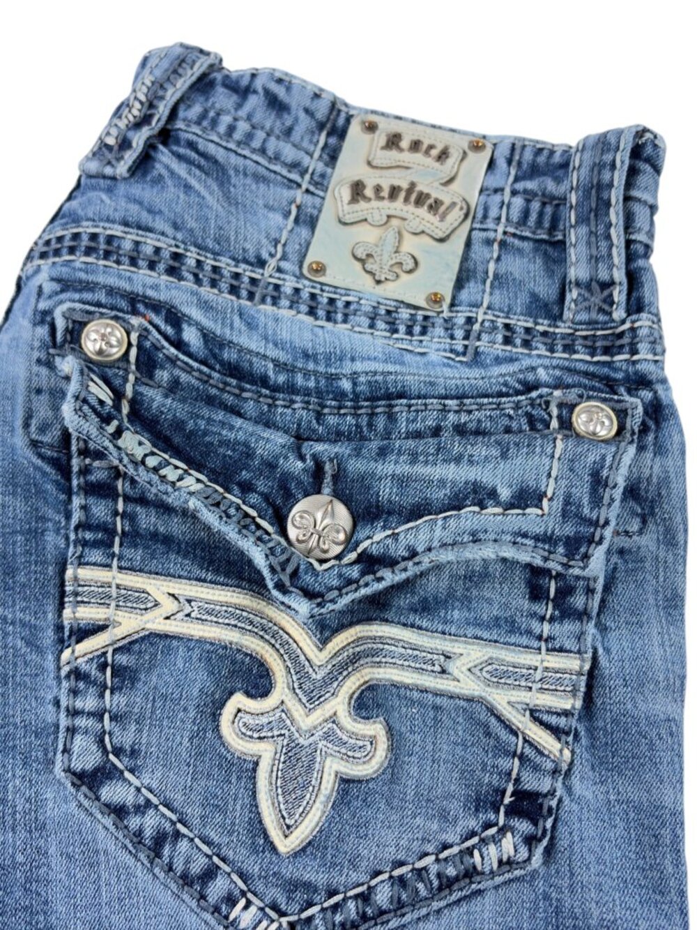 Rock Revival Blue Bootcut Jeans with Cream Embroidery